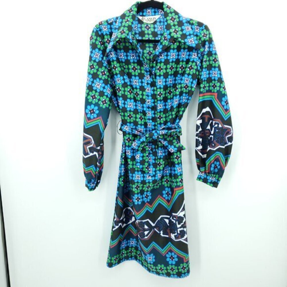 VTG Lanvin Spread Collar Patterned Self-Belt Shirt Dress M/L Blue/Green Print